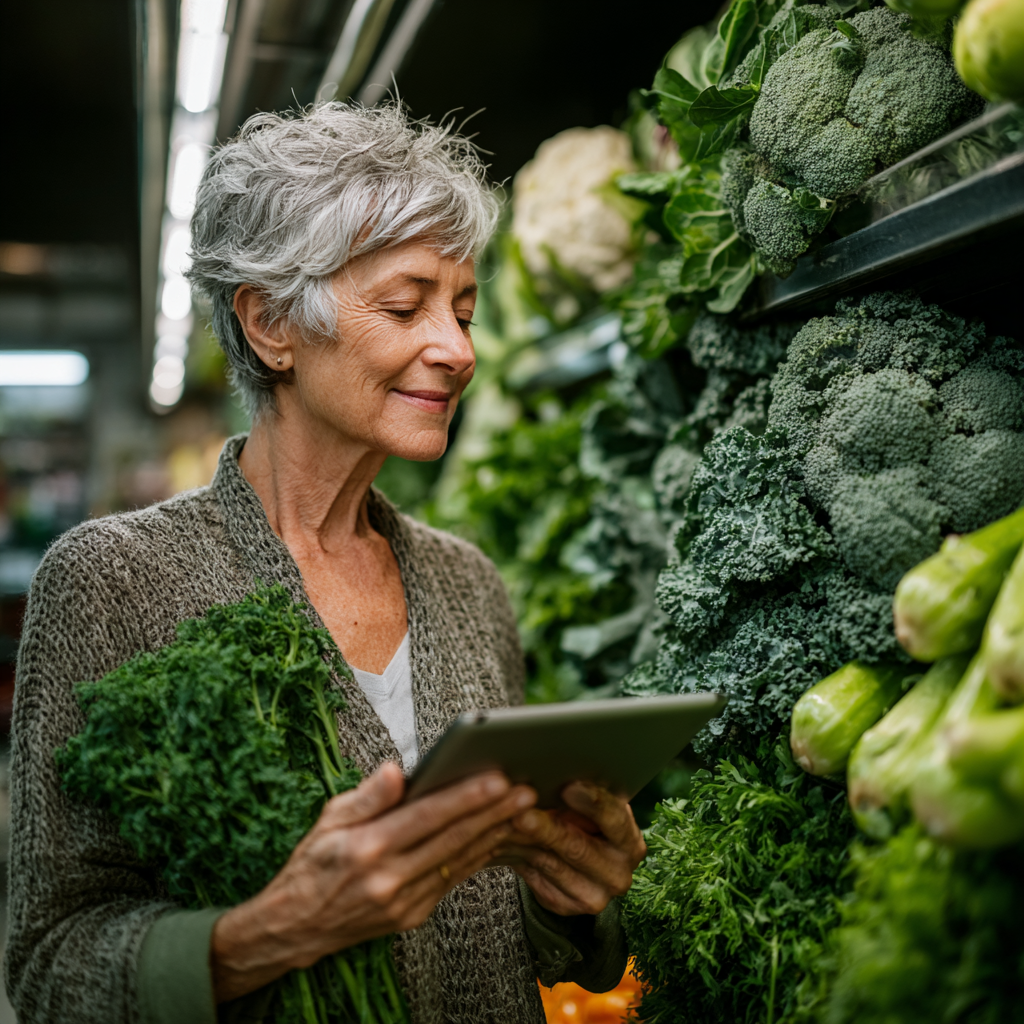 Жінка 52 років з планшетом вибирає здорові продукти в магазині